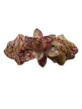 Vintage Floral Resin Hair Clip Rhinestone Accents Red Yellow Pattern Barrette